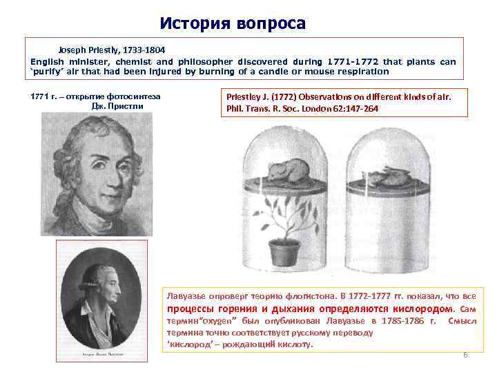 История вопроса Joseph Priestly, 1733 -1804 English minister, chemist and philosopher discovered during 1771