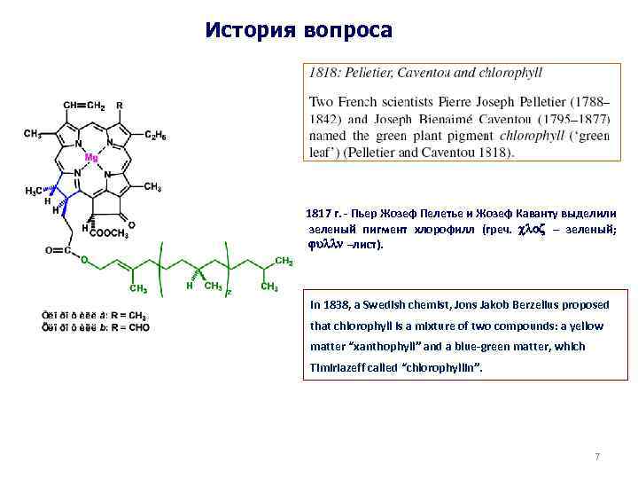 История вопроса 1817 г. - Пьер Жозеф Пелетье и Жозеф Каванту выделили зеленый пигмент