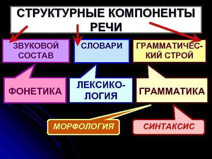 СТРУКТУРНЫЕ КОМПОНЕНТЫ РЕЧИ ЗВУКОВОЙ СОСТАВ ФОНЕТИКА СЛОВАРИ ЛЕКСИКОЛОГИЯ МОРФОЛОГИЯ ГРАММАТИЧЕСКИЙ СТРОЙ ГРАММАТИКА СИНТАКСИС 