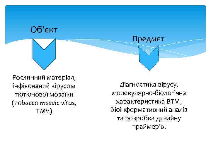 Об’єкт Рослинний матеріал, інфікований вірусом тютюнової мозаїки (Tobacco masaic virus, TMV) Предмет Діагностика вірусу,