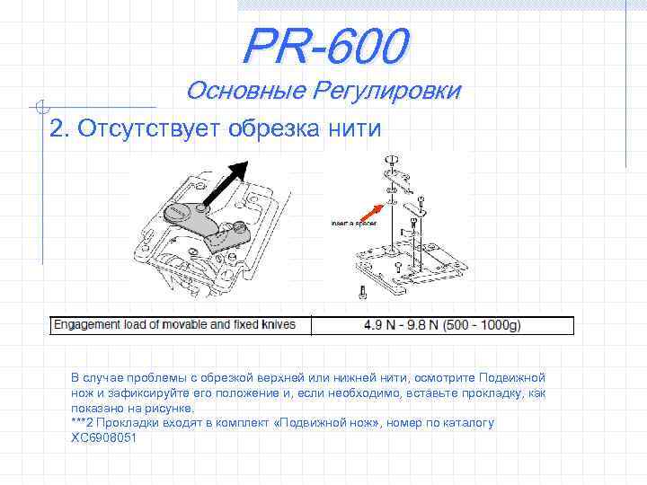 PR-600 Основные Регулировки 2. Отсутствует обрезка нити В случае проблемы с обрезкой верхней или