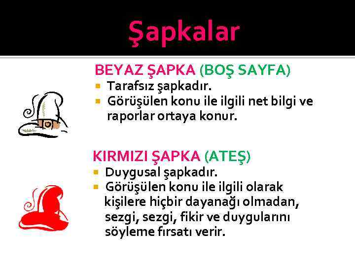 Şapkalar BEYAZ ŞAPKA (BOŞ SAYFA) Tarafsız şapkadır. Görüşülen konu ile ilgili net bilgi ve