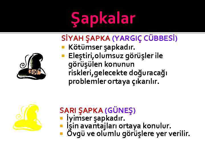 Şapkalar SİYAH ŞAPKA (YARGIÇ CÜBBESİ) Kötümser şapkadır. Eleştiri, olumsuz görüşler ile görüşülen konunun riskleri,
