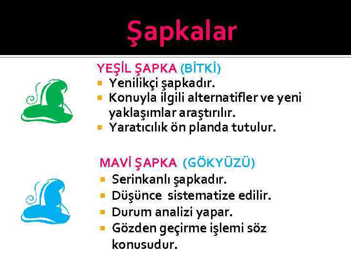 Şapkalar YEŞİL ŞAPKA (BİTKİ) Yenilikçi şapkadır. Konuyla ilgili alternatifler ve yeni yaklaşımlar araştırılır. Yaratıcılık