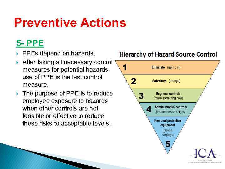 Preventive Actions 5 - PPE PPEs depend on hazards. After taking all necessary control