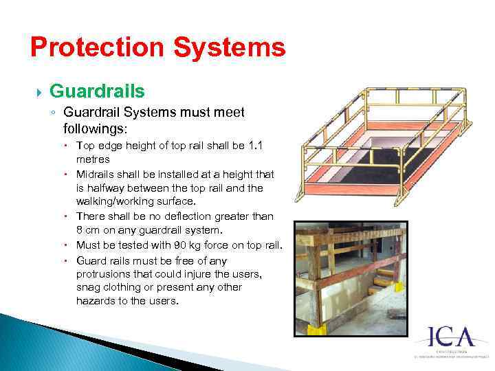Protection Systems Guardrails ◦ Guardrail Systems must meet followings: Top edge height of top