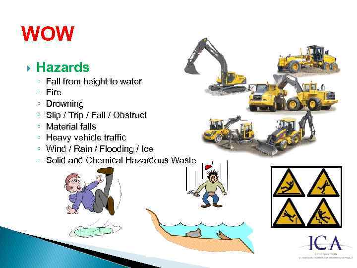 WOW Hazards ◦ ◦ ◦ ◦ Fall from height to water Fire Drowning Slip