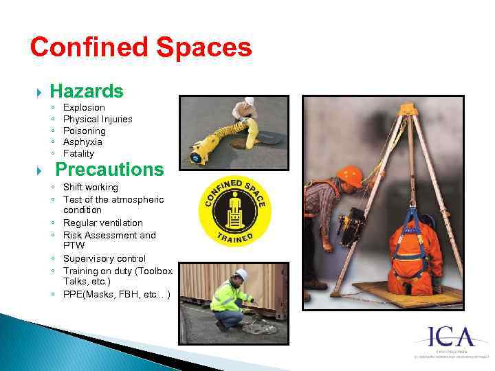 Confined Spaces Hazards ◦ ◦ ◦ Explosion Physical Injuries Poisoning Asphyxia Fatality Precautions ◦