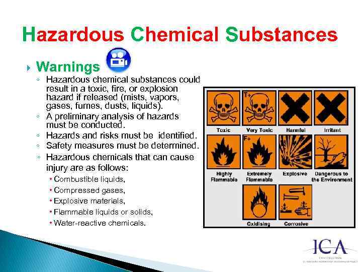 Hazardous Chemical Substances Warnings ◦ Hazardous chemical substances could result in a toxic, fire,