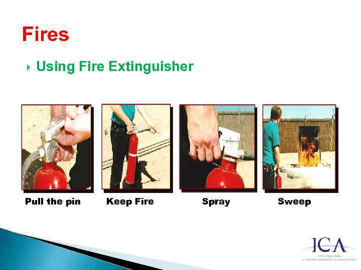 Fires Using Fire Extinguisher Pull the pin Keep Fire Spray Sweep 