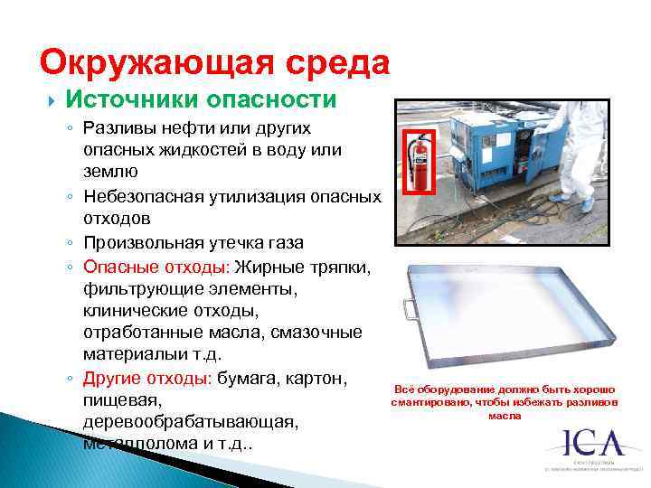 Окружающая среда Источники опасности ◦ Разливы нефти или других опасных жидкостей в воду или
