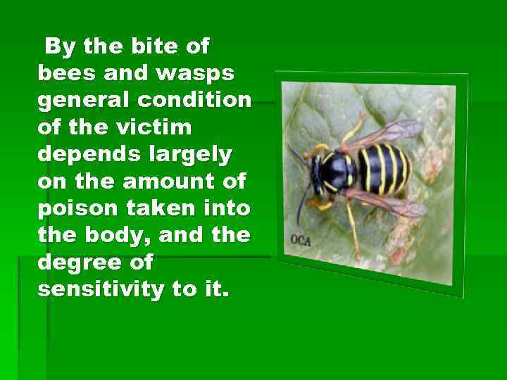 By the bite of bees and wasps general condition of the victim depends largely