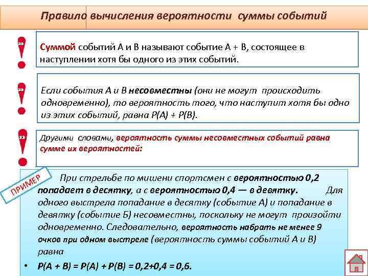 Вероятность 9 класс. Правило вычисления вероятности события. Правило суммы событий. Что называется суммой событий. Порядок вычисления.