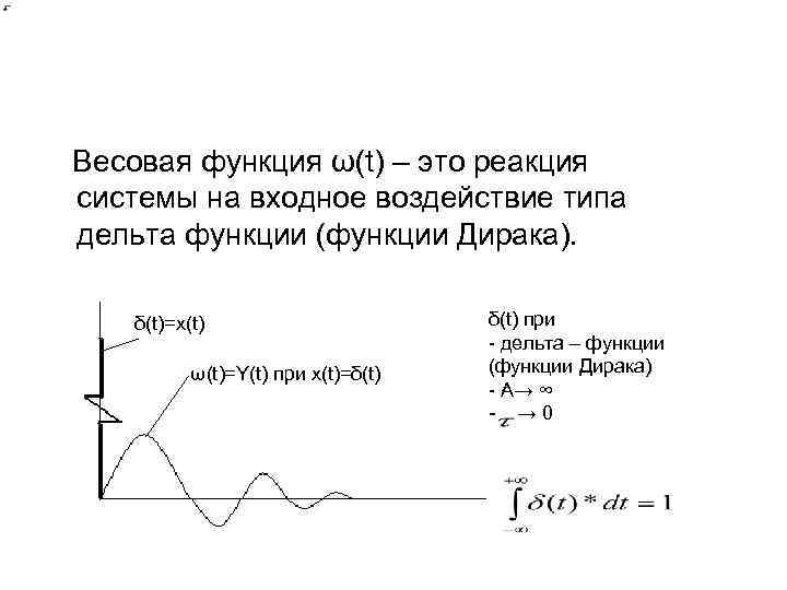 Весовая функция ω(t) – это реакция системы на входное воздействие типа дельта функции (функции