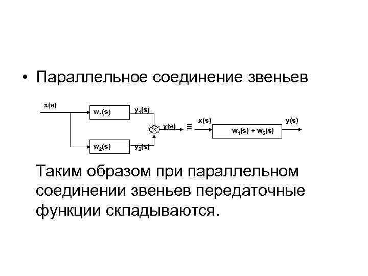  • Параллельное соединение звеньев x(s) w 1(s) y(s) w 2(s) ≡ y(s) x(s)