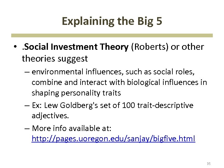 Explaining the Big 5 • . Social Investment Theory (Roberts) or other theories suggest