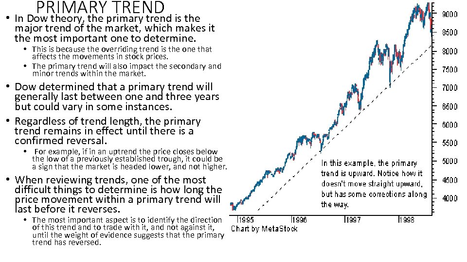 PRIMARY TREND • In Dow theory, the primary trend is the major trend of