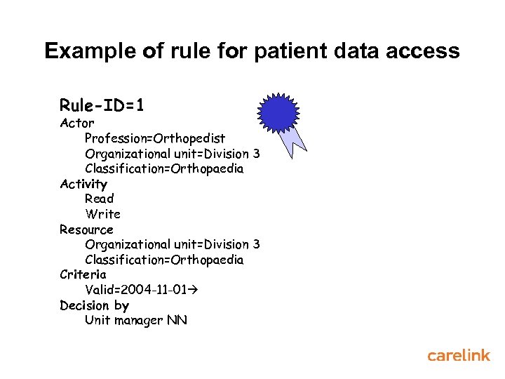Example of rule for patient data access Rule-ID=1 Actor Profession=Orthopedist Organizational unit=Division 3 Classification=Orthopaedia