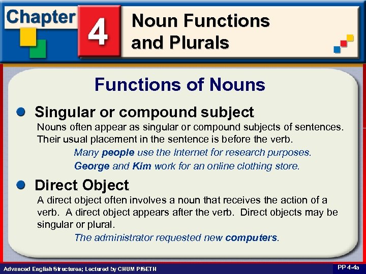 Noun Functions and Plurals Functions of Nouns Singular or compound subject Nouns often appear