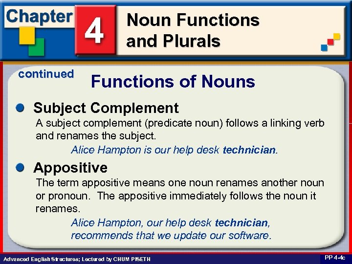 Noun Functions and Plurals continued Functions of Nouns Subject Complement A subject complement (predicate