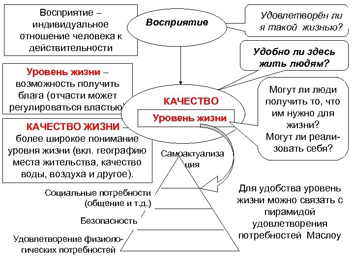 Восприятие – индивидуальное отношение человека к действительности Уровень жизни – возможность получить блага (отчасти