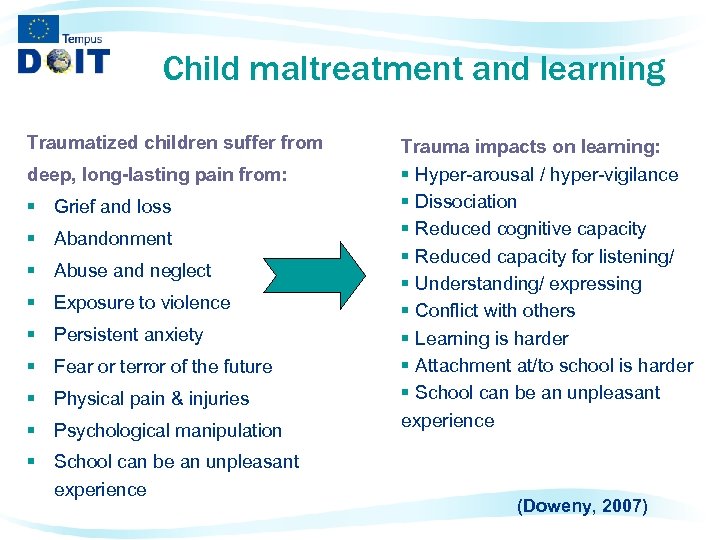 Child maltreatment and learning Traumatized children suffer from deep, long-lasting pain from: § Grief