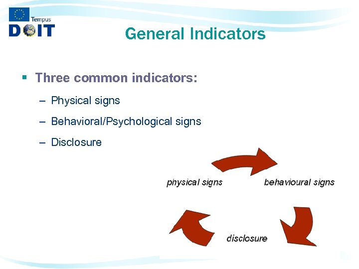 General Indicators § Three common indicators: – Physical signs – Behavioral/Psychological signs – Disclosure