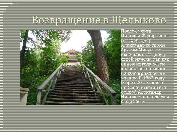Возвращение в Щелыково После смерти Николая Фёдоровича (в 1853 году) Александр со своим братом