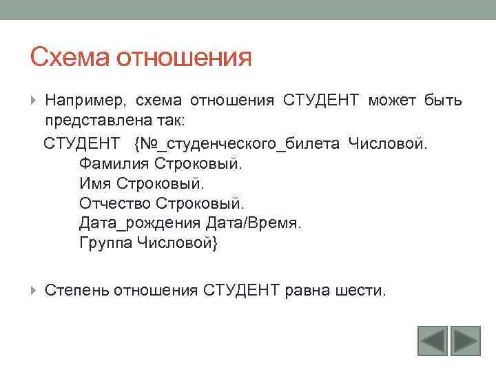 Схема отношения Например, схема отношения СТУДЕНТ может быть представлена так: СТУДЕНТ {№_студенческого_билета Числовой. Фамилия