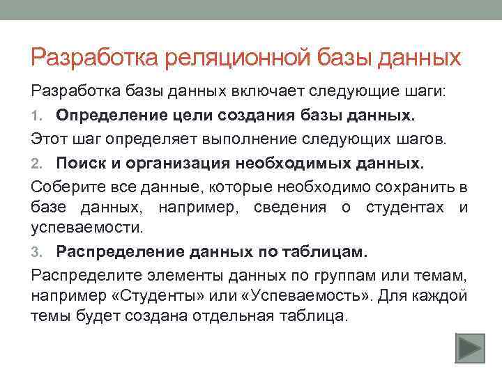 Разработка реляционной базы данных Разработка базы данных включает следующие шаги: 1. Определение цели создания