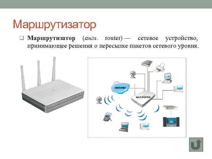 Маршрутизатор q Маршрутизатор (англ. router) — сетевое устройство, принимающее решения о пересылке пакетов сетевого