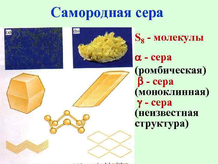 Самородная сера S 8 - молекулы - сера (ромбическая) - сера (моноклинная) - сера