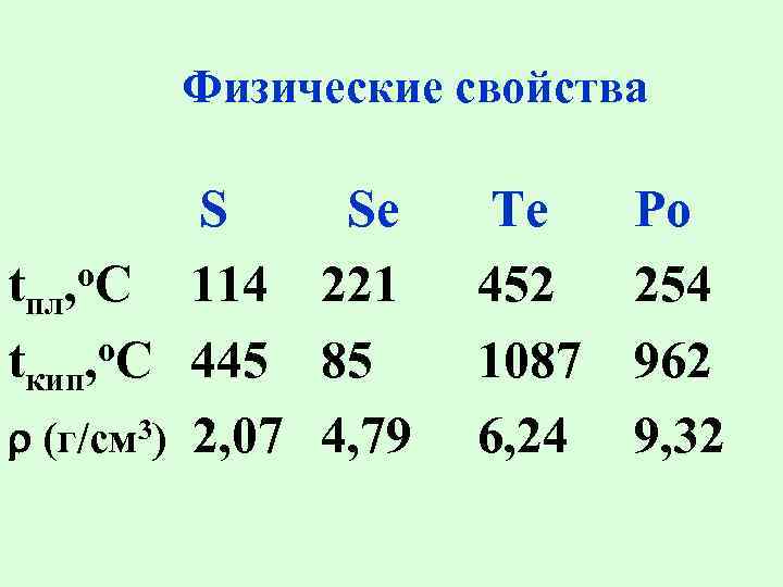 Физические свойства S Se o. C tпл, 114 221 tкип, o. C 445 85