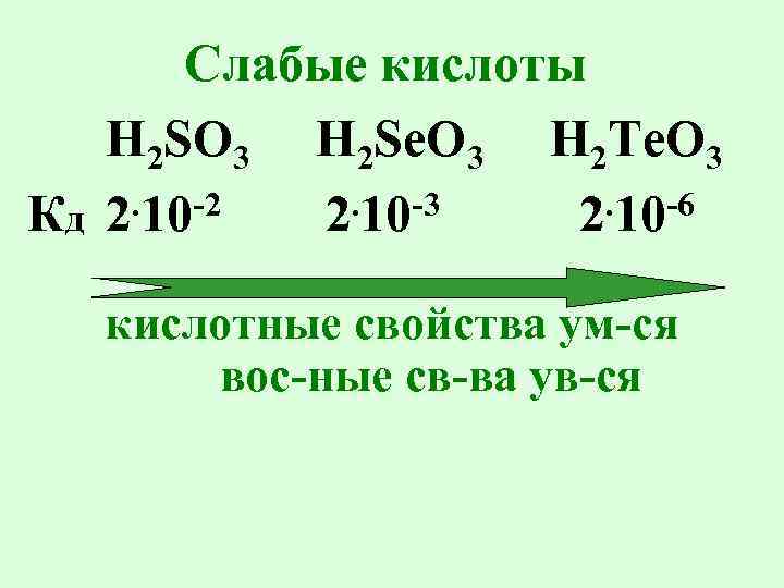 Слабые кислоты H 2 SO 3 H 2 Se. O 3 H 2 Te.