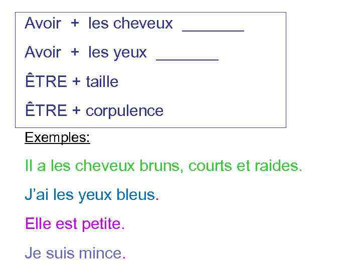 Avoir + les cheveux _______ Avoir + les yeux _______ ÊTRE + taille ÊTRE