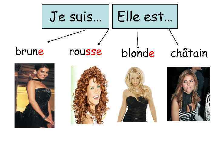 Je suis… brune rousse Elle est… blonde châtain 