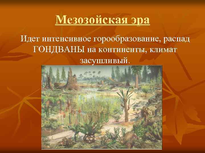 Мезозойская эра Идет интенсивное горообразование, распад ГОНДВАНЫ на континенты, климат засушливый. 