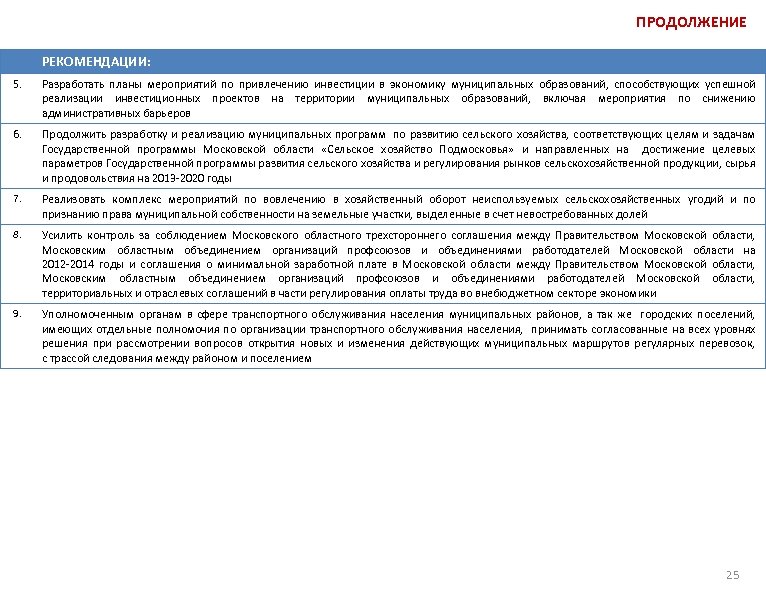 ПРОДОЛЖЕНИЕ РЕКОМЕНДАЦИИ: 5. Разработать планы мероприятий по привлечению инвестиции в экономику муниципальных образований, способствующих