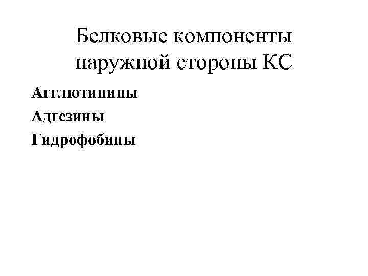 Белковые компоненты наружной стороны КС Агглютинины Адгезины Гидрофобины 