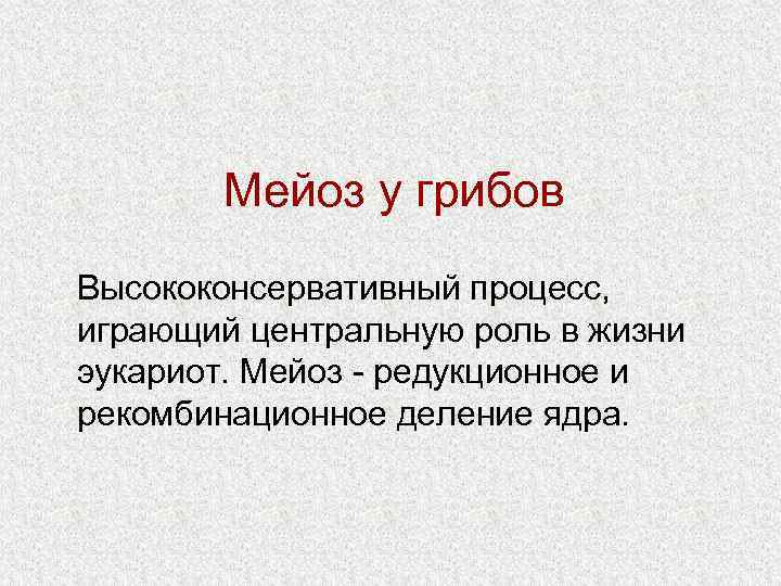 Мейоз у грибов Высококонсервативный процесс, играющий центральную роль в жизни эукариот. Мейоз - редукционное