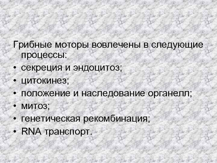 Грибные моторы вовлечены в следующие процессы: • секреция и эндоцитоз; • цитокинез; • положение