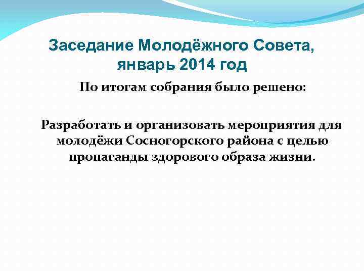 Заседание Молодёжного Совета, январь 2014 год По итогам собрания было решено: Разработать и организовать