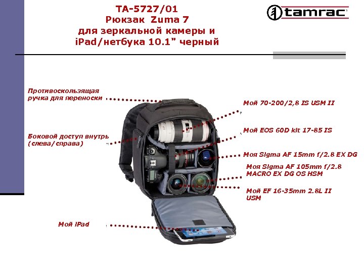 TA-5727/01 Рюкзак Zuma 7 для зеркальной камеры и i. Pad/нетбука 10. 1