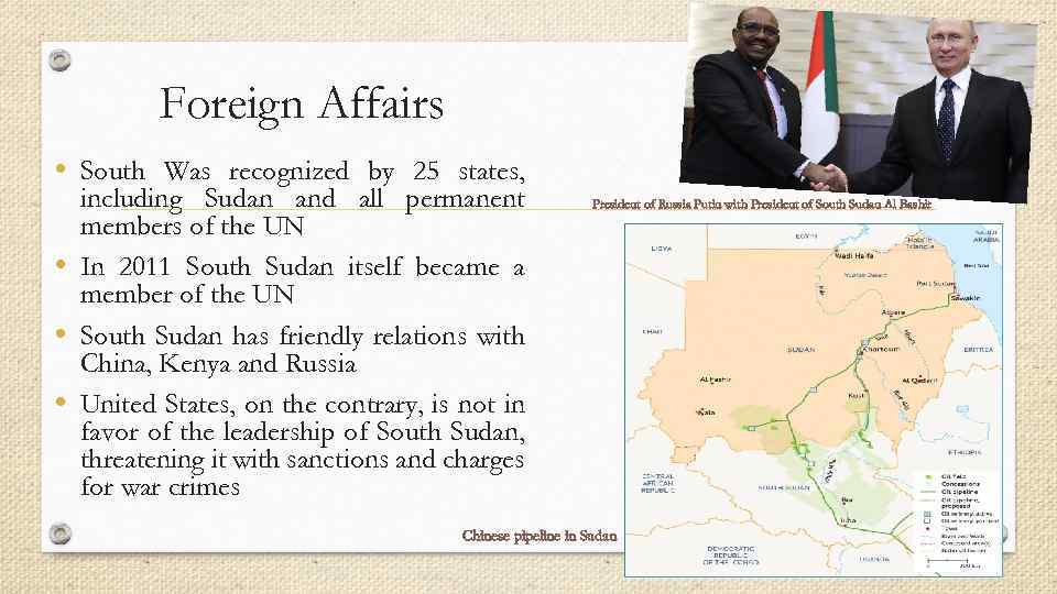 Foreign Affairs • South Was recognized by 25 states, including Sudan and all permanent