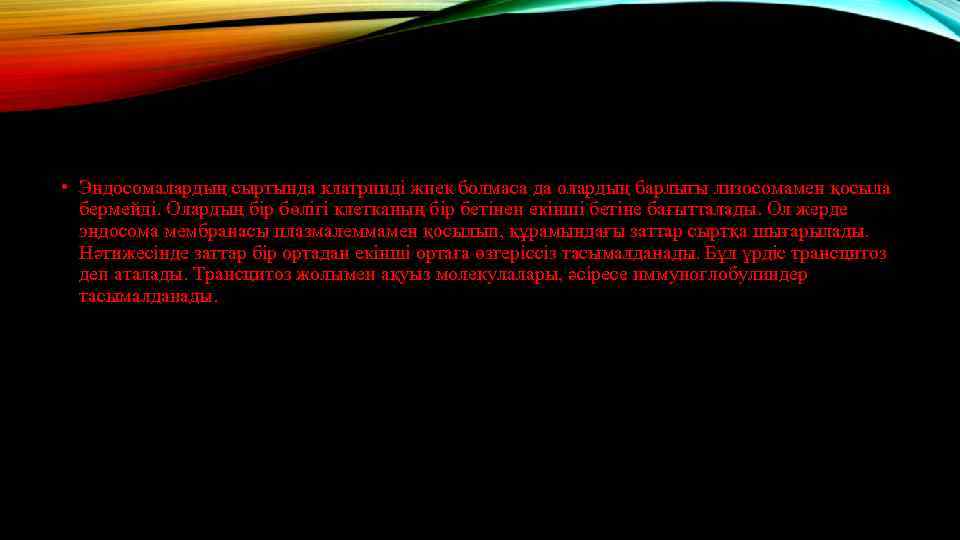  • Эндосомалардың сыртында клатринді жиек болмаса да олардың барлығы лизосомамен қосыла бермейді. Олардың