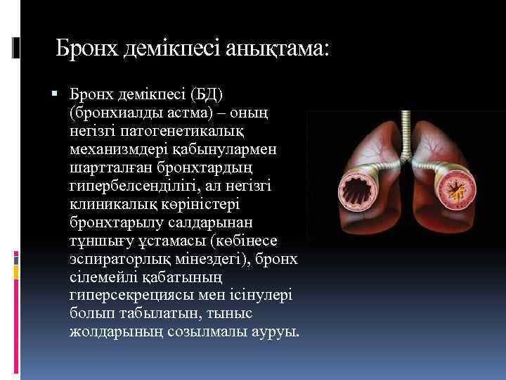 Бронх демікпесі анықтама: Бронх демікпесі (БД) (бронхиалды астма) – оның негізгі патогенетикалық механизмдері қабынулармен