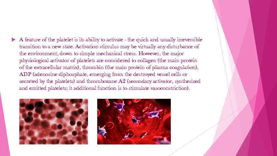  A feature of the platelet is its ability to activate - the quick