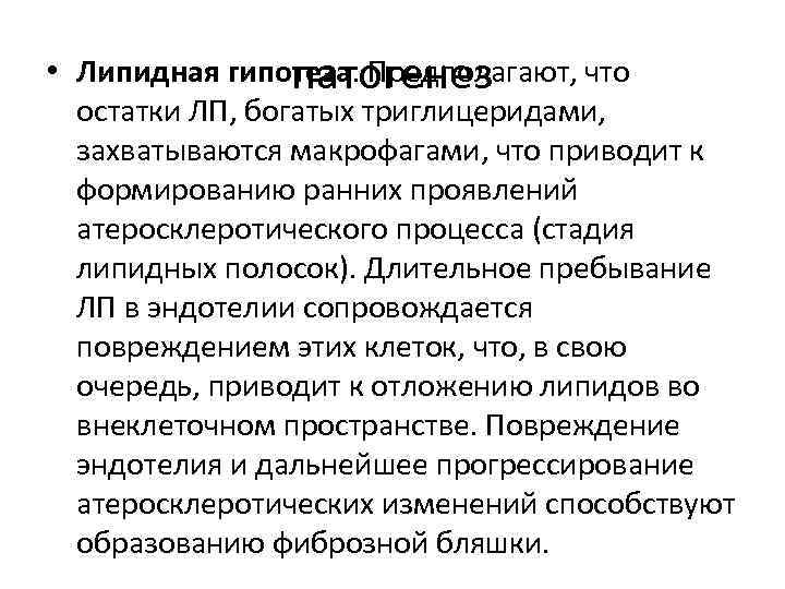  • Липидная гипотеза. Предполагают, что патогенез остатки ЛП, богатых триглицеридами, захватываются макрофагами, что