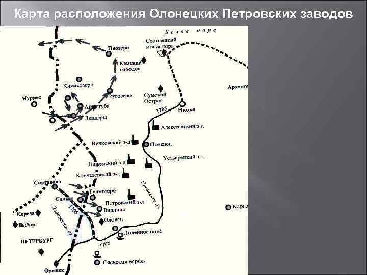Карта расположения Олонецких Петровских заводов 