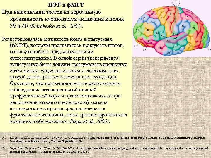 ПЭТ и ф. МРТ При выполнении тестов на вербальную креативность наблюдается активация в полях